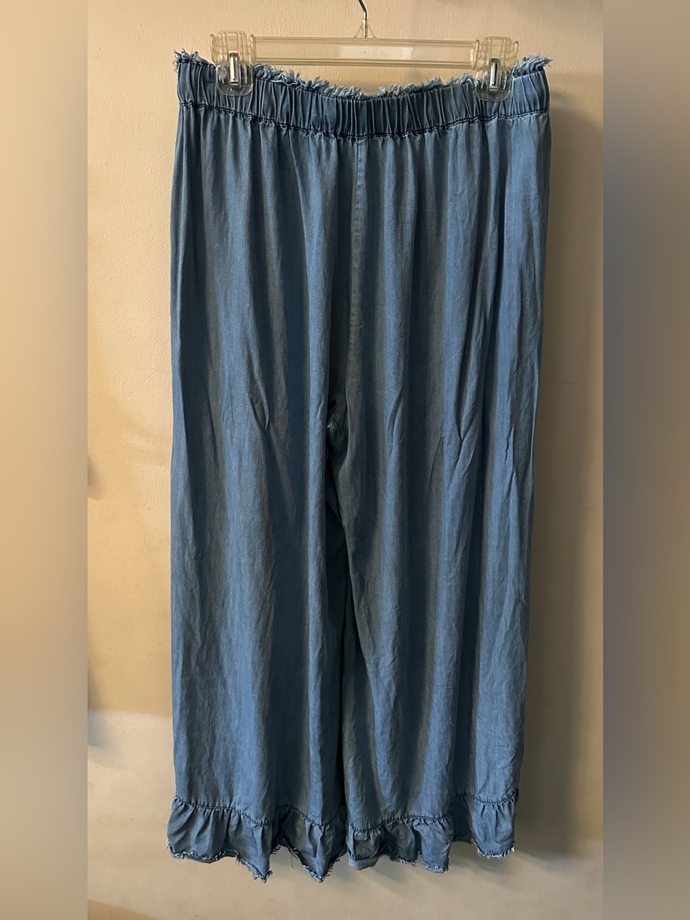 Easel Light Chambray Ruffle-Hem Wide Leg Pants
